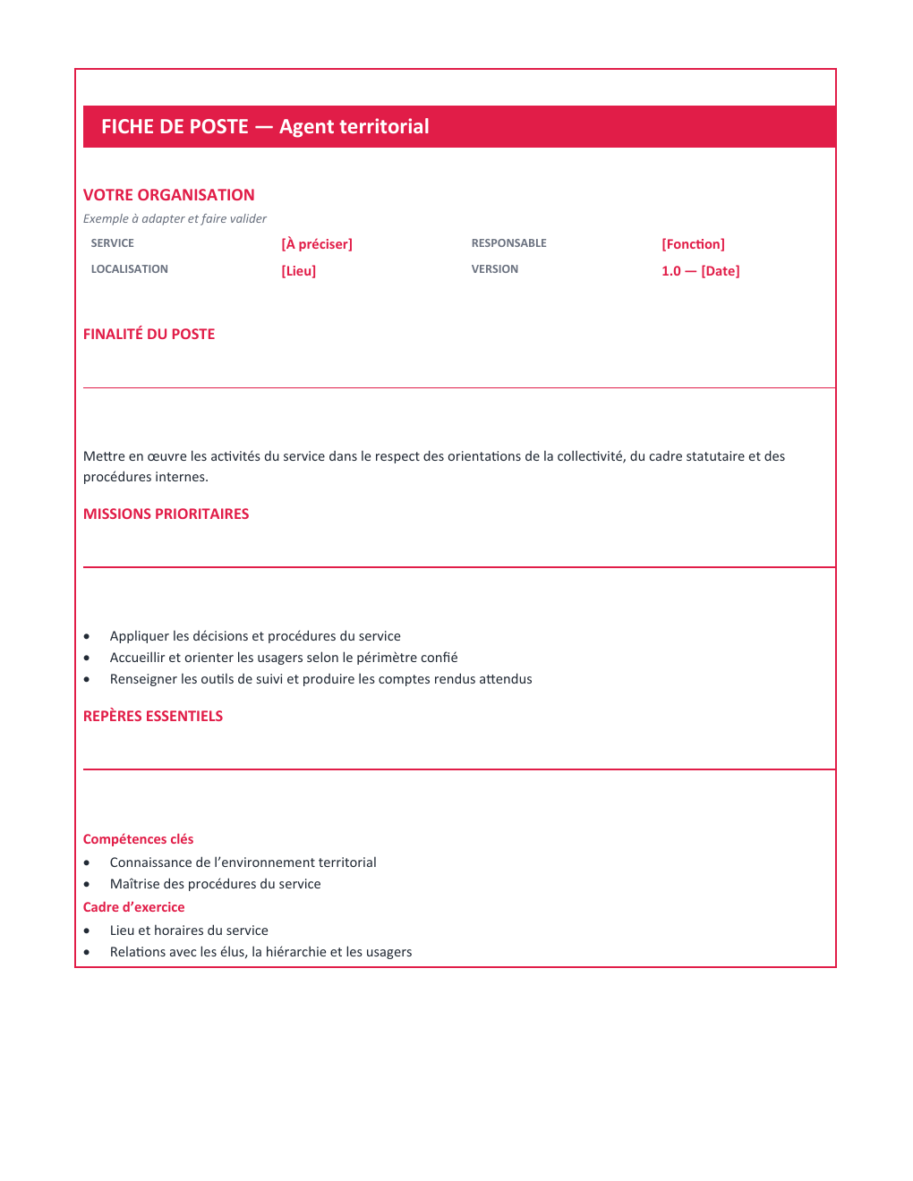 Aperçu — Fiche de poste Agent territorial — version Compacte