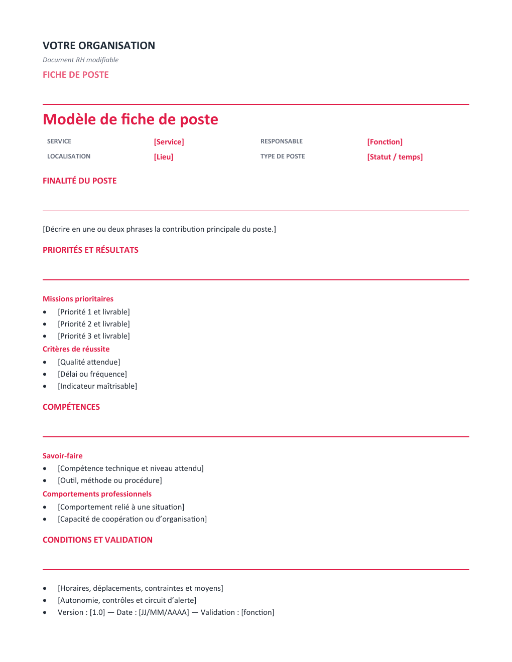 Aperçu — Fiche de poste gratuit : Word, Excel et exemples — version Opérationnelle