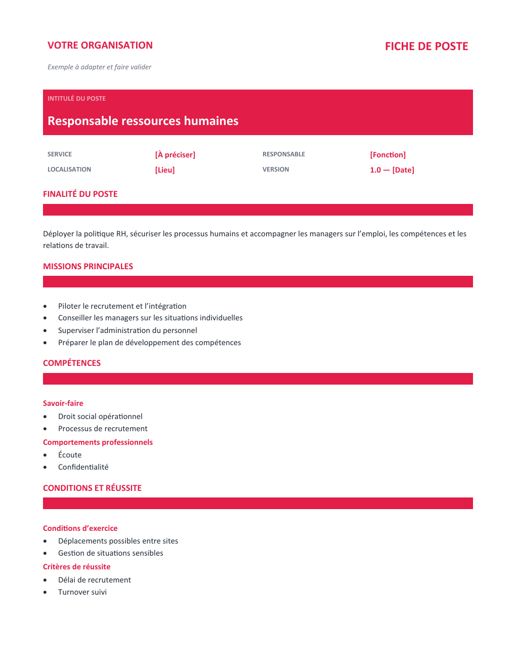 Aperçu — Fiche de poste Responsable ressources humaines — version Classique