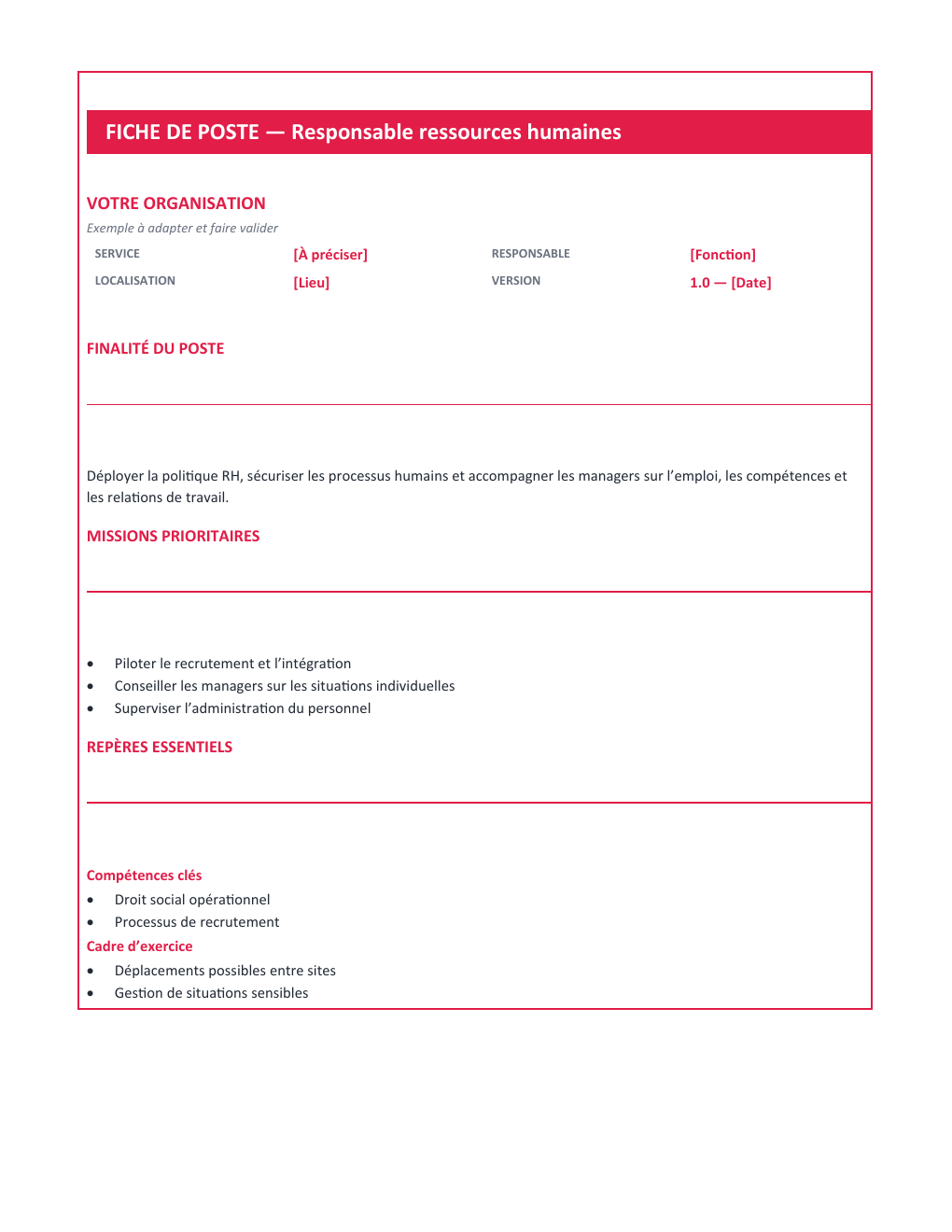 Aperçu — Fiche de poste Responsable ressources humaines — version Compacte
