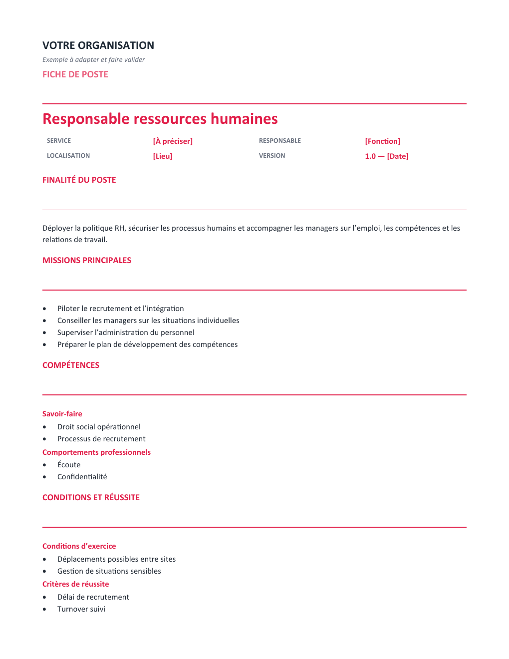 Aperçu — Fiche de poste Responsable ressources humaines — version Opérationnelle