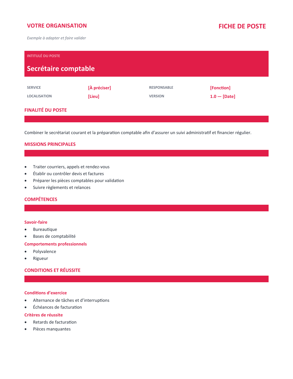 Aperçu — Fiche de poste Secrétaire comptable — version Classique