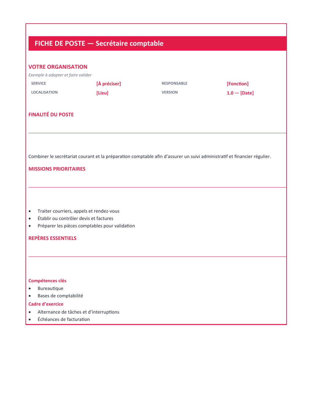 Aperçu — Fiche de poste Secrétaire comptable — version Compacte