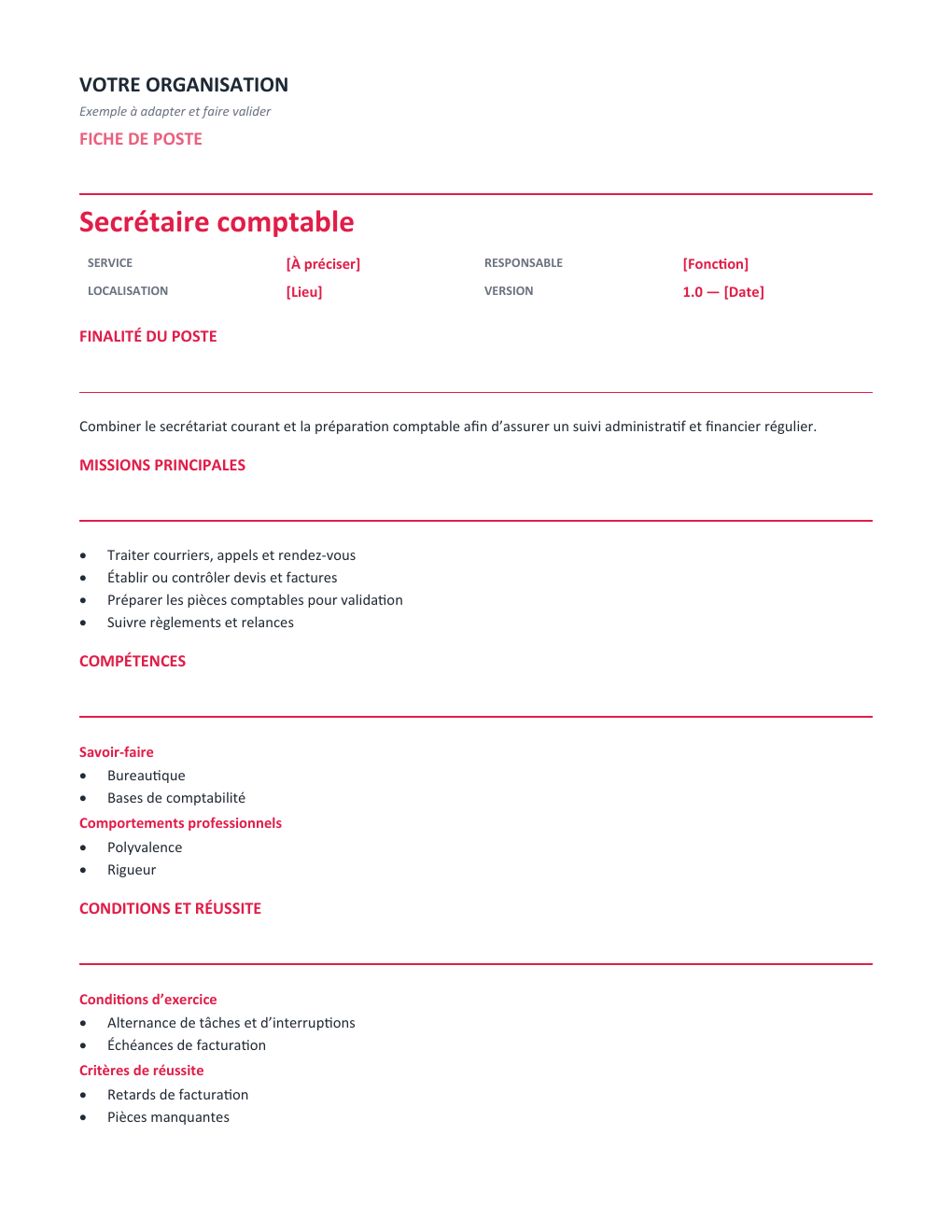 Aperçu — Fiche de poste Secrétaire comptable — version Opérationnelle
