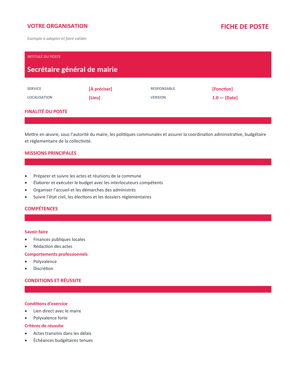 Aperçu — Fiche de poste Secrétaire général de mairie — version Classique
