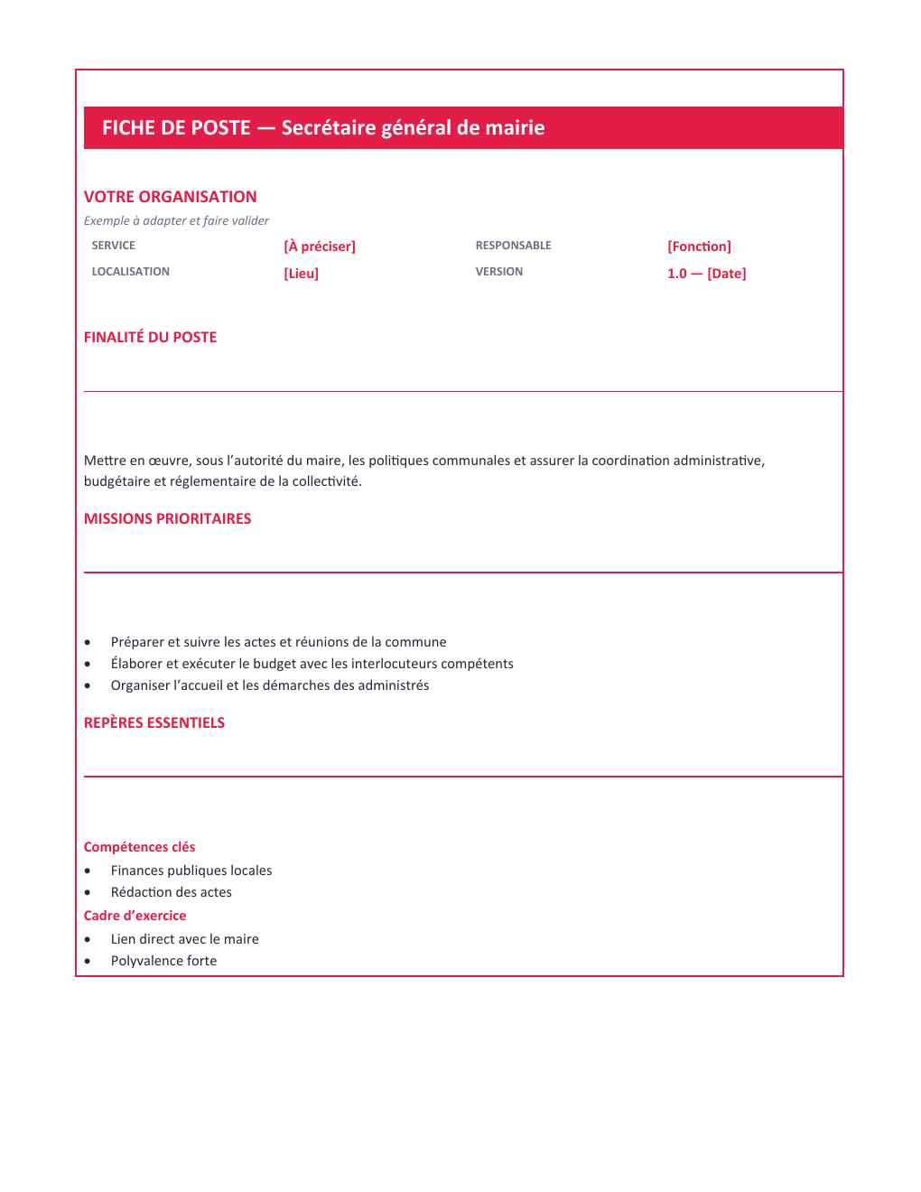 Aperçu — Fiche de poste Secrétaire général de mairie — version Compacte