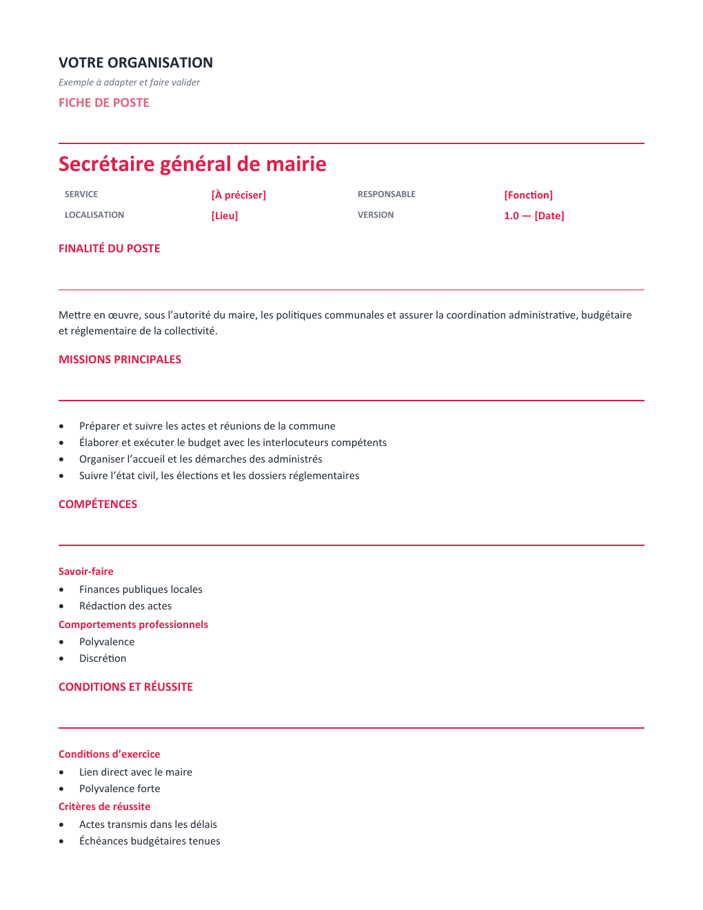 Aperçu — Fiche de poste Secrétaire général de mairie — version Opérationnelle