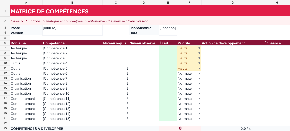 Aperçu — Matrice Excel des compétences