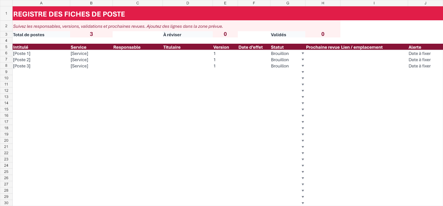 Aperçu — Registre Excel des fiches de poste