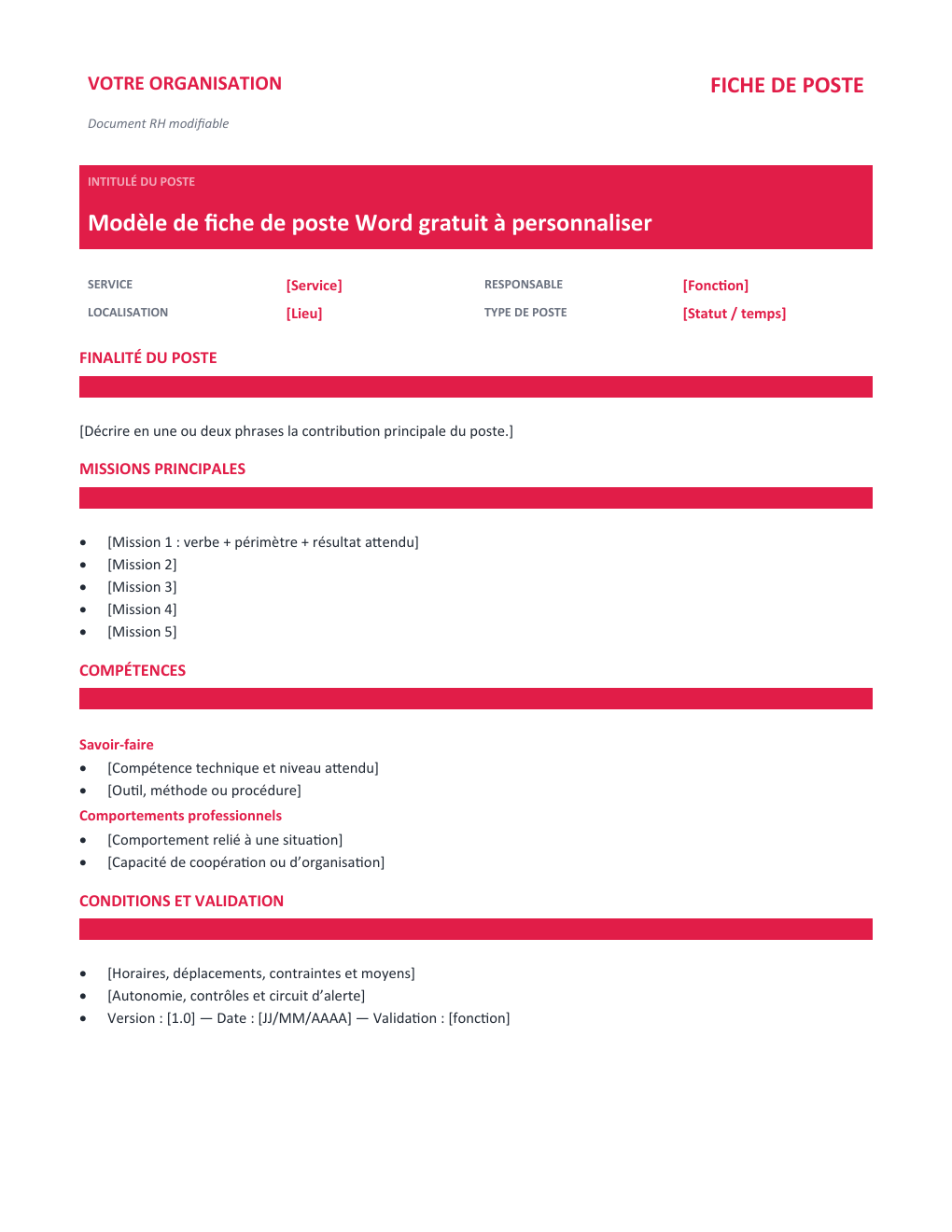 Aperçu — Fiche de poste Word gratuit à personnaliser — version Classique