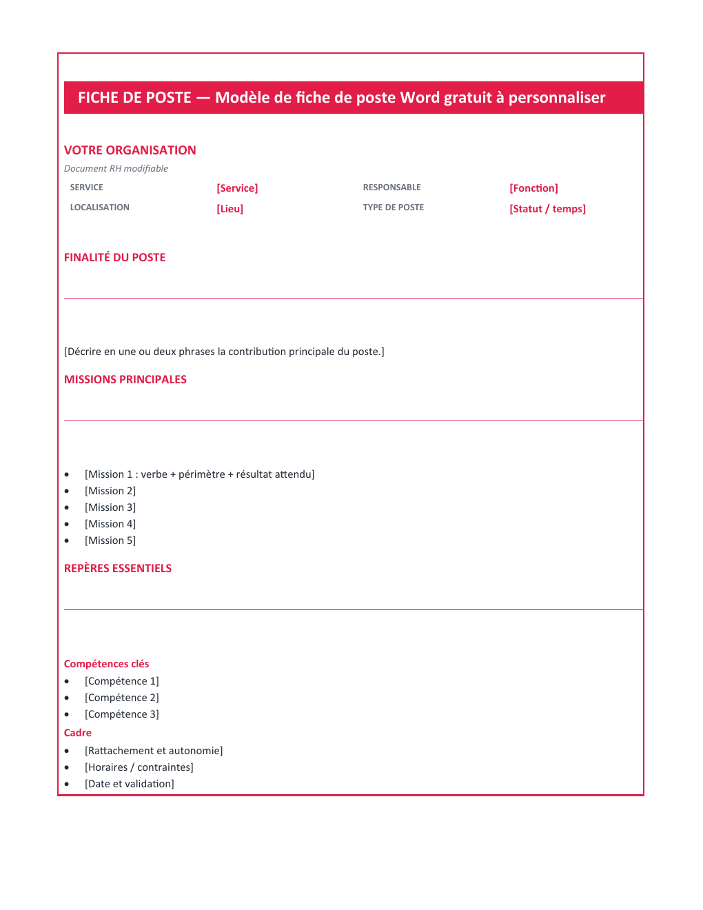 Aperçu — Fiche de poste Word gratuit à personnaliser — version Compacte