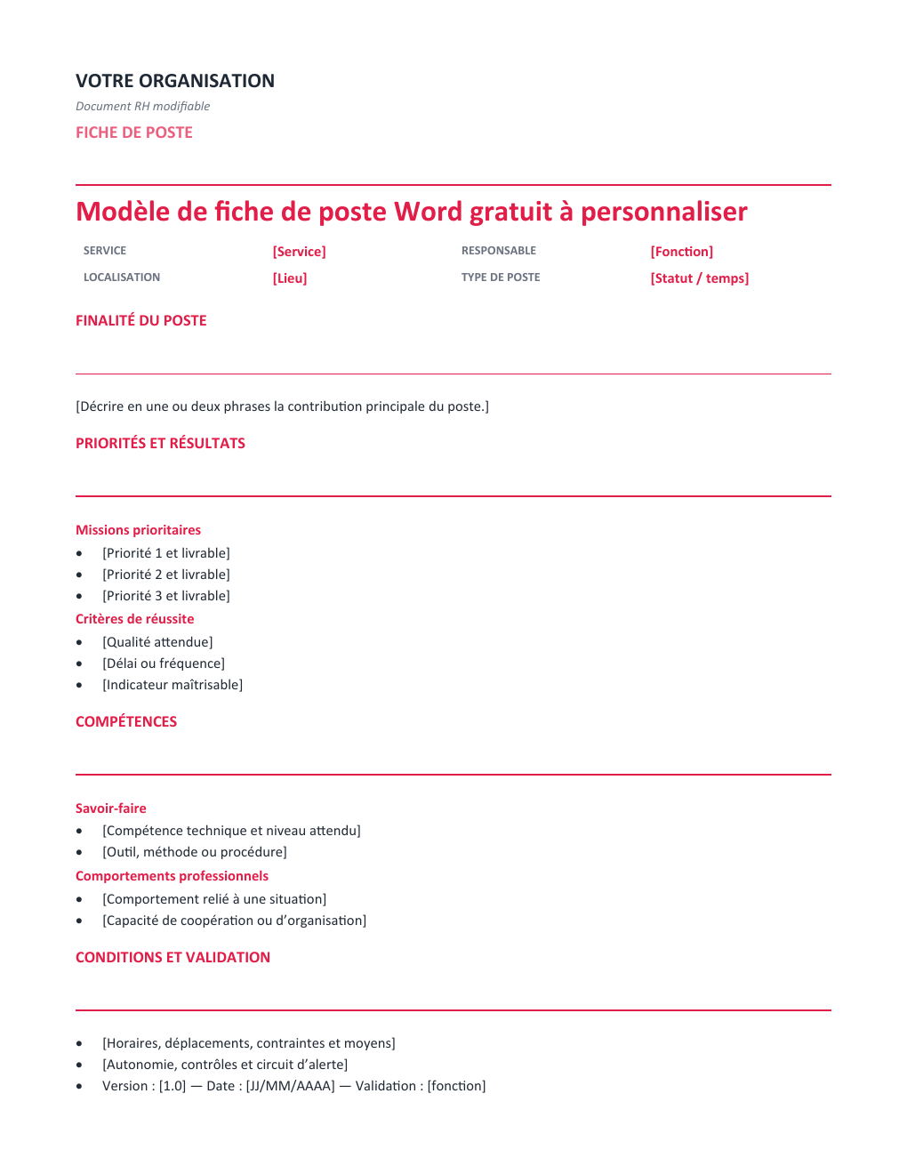 Aperçu — Fiche de poste Word gratuit à personnaliser — version Opérationnelle