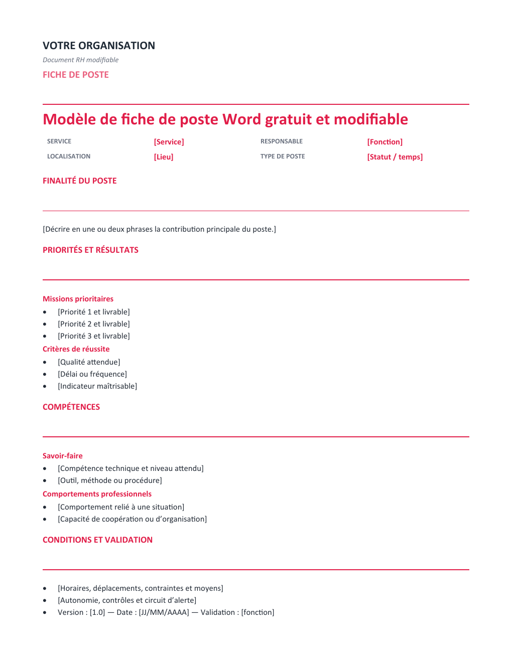 Aperçu — Fiche de poste Word gratuit et modifiable — version Opérationnelle
